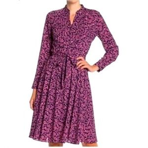 Nanette Nanette Lepore Pink Floral Pintuck Shirt Dress Long Sleeve Belt (Size 6)